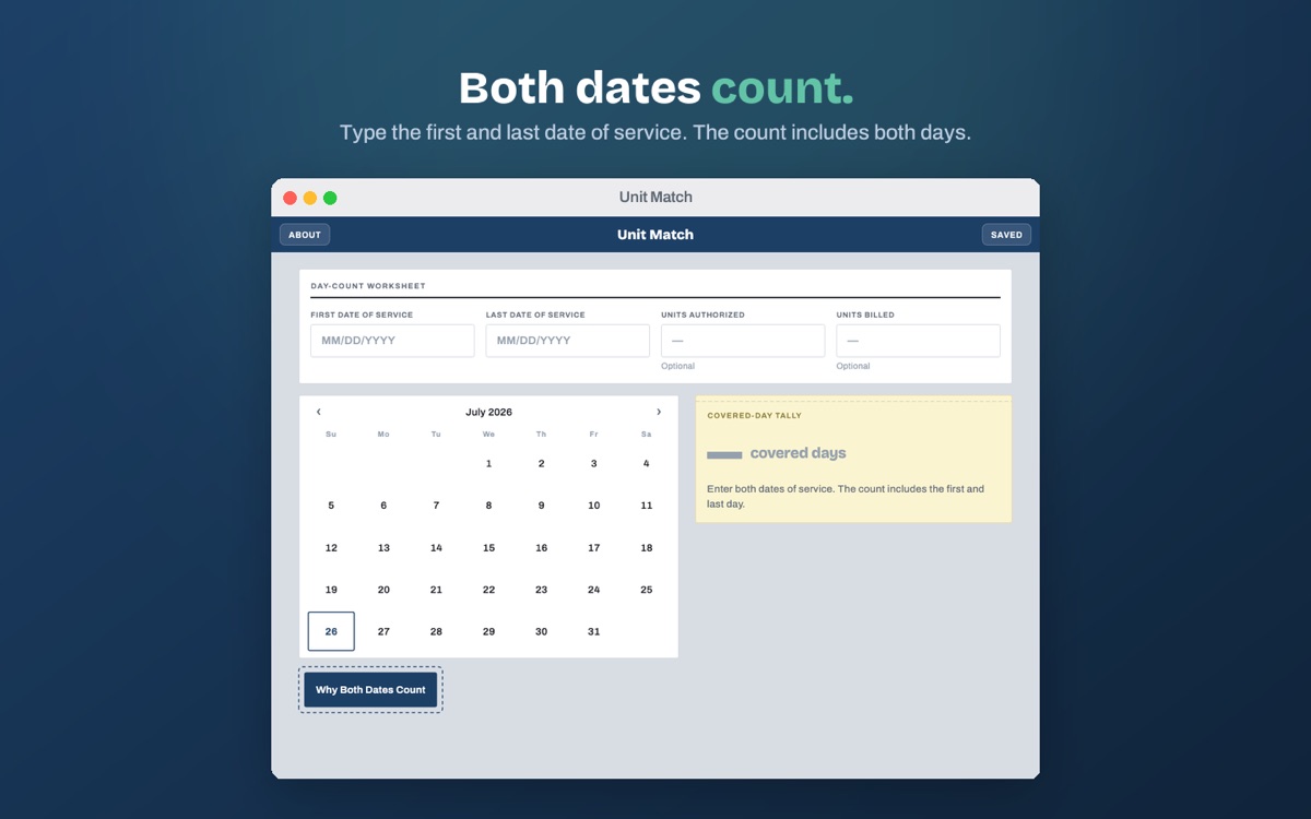 Unit Match on the Mac: an empty day-count worksheet with fields for the first and last date of service, units authorized and units billed, beside a July calendar.