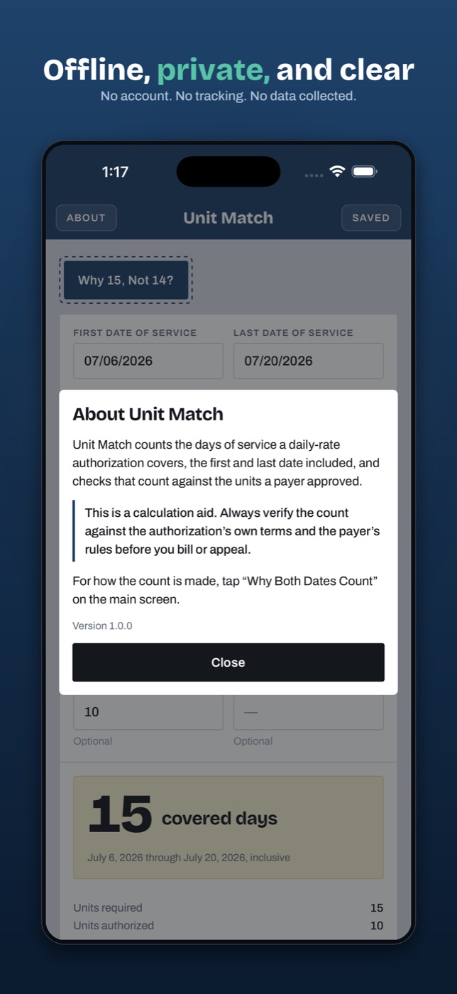 The About panel, noting that Unit Match is a calculation aid to verify against the authorization terms and payer rules.